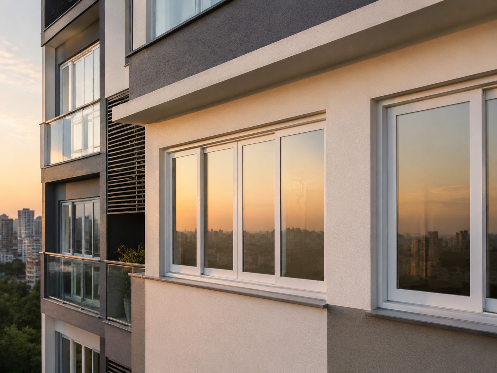 Fachada residencial com janelas de PVC brancas e vidro duplo