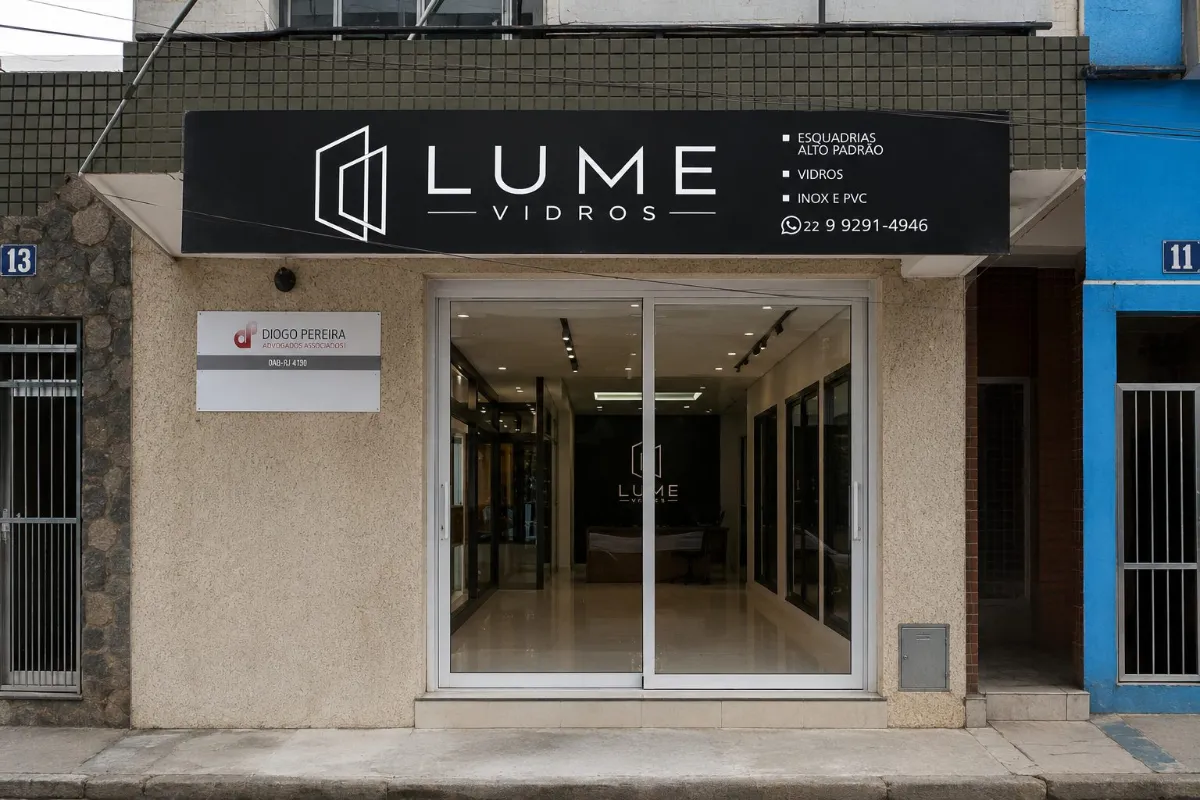 Fachada da loja da Lume Vidros em Macaé, com letreiro e showroom de esquadrias e vidros